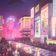 Crowds of people commute over a bridge as neon lights from advertisements shine over the river.